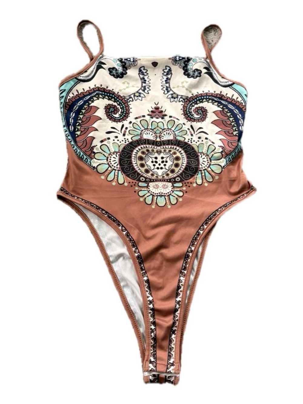 Rust Paisley One-Piece Swimsuit with Mint & Navy Accent